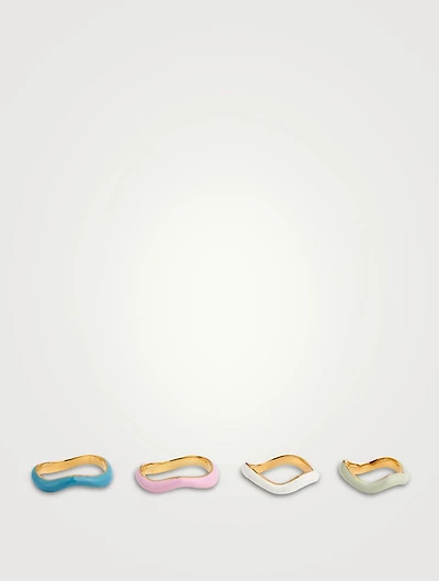 Set of Four Feminine Waves 18K Gold-Plated Rings With Enamel
