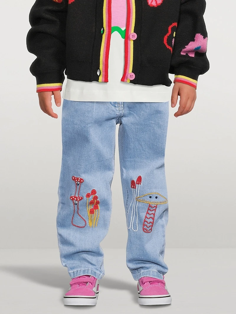 Paperbag Jeans With Mushroom Embroidery