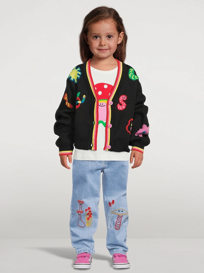 Paperbag Jeans With Mushroom Embroidery