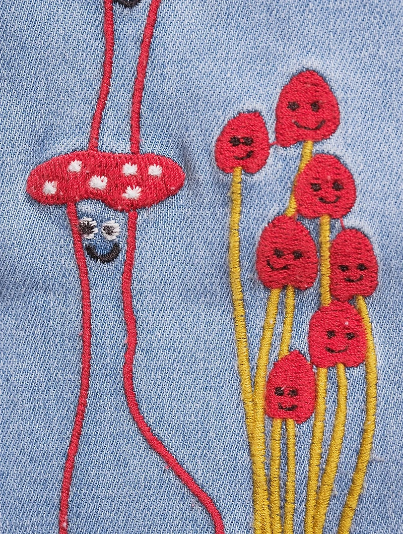 Paperbag Jeans With Mushroom Embroidery