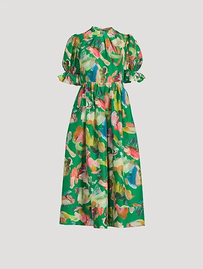 Arlo Puff-Sleeve Silk Midi Dress