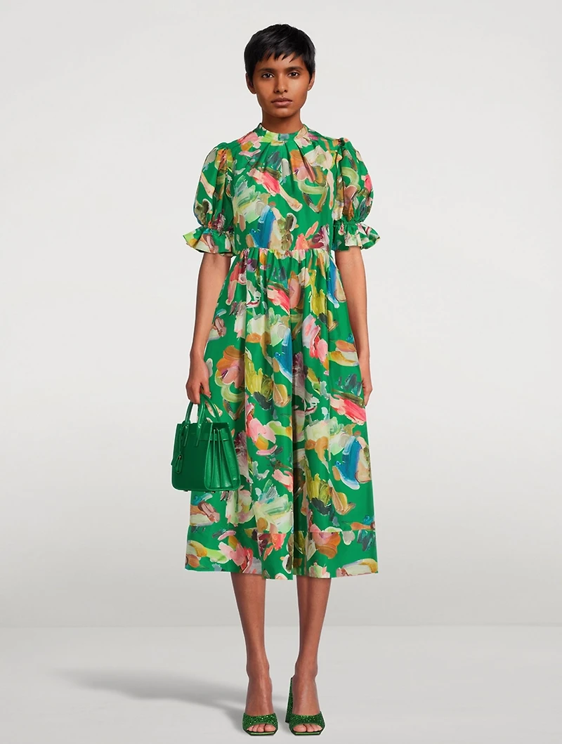 Arlo Puff-Sleeve Silk Midi Dress
