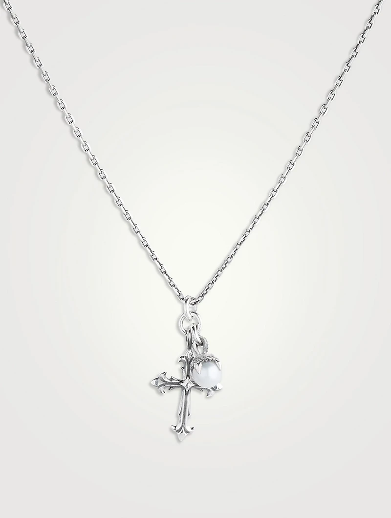 Pearl+Cross Sterling Silver Pendant Necklace