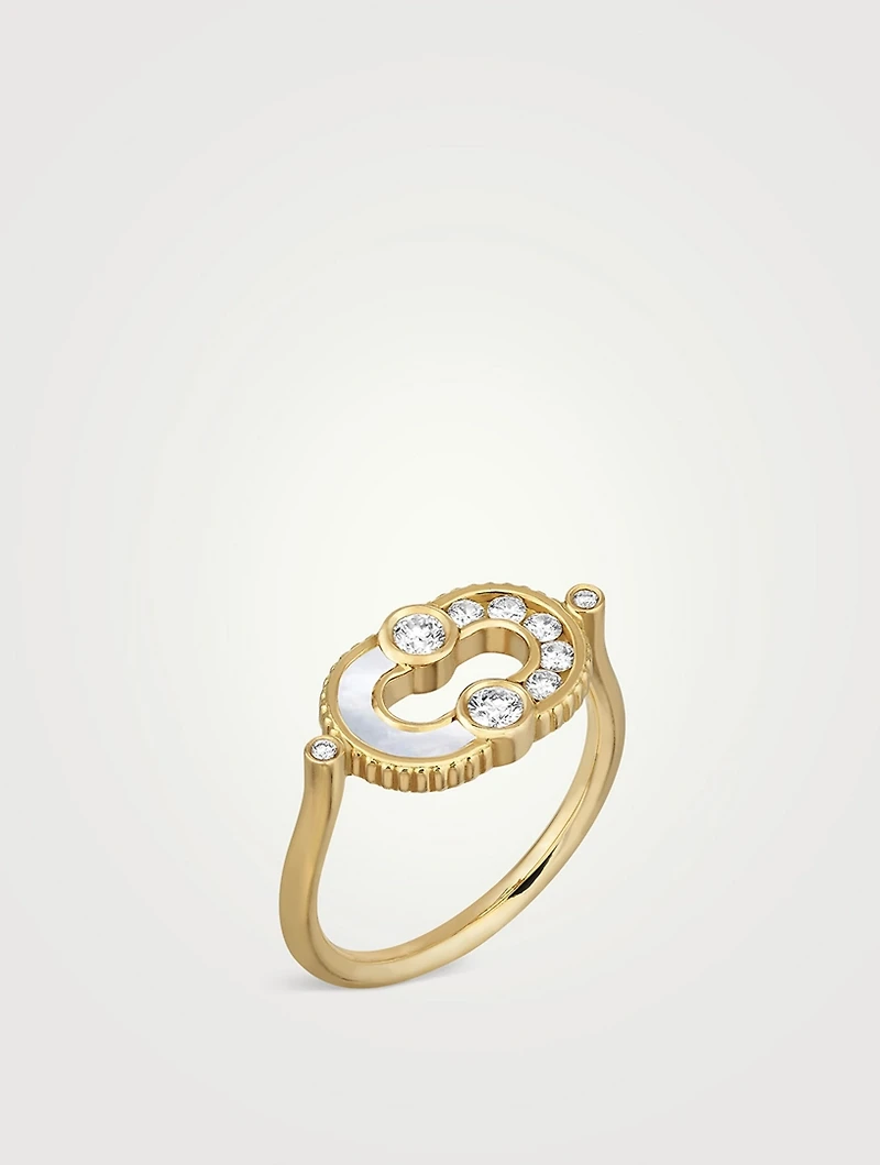 Magnetic 18K Gold Semi Mother-Of-Pearl Ring With Diamonds