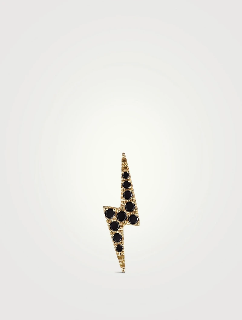 18K Gold Lightning Bolt Threaded Stud Earring With Black Diamonds
