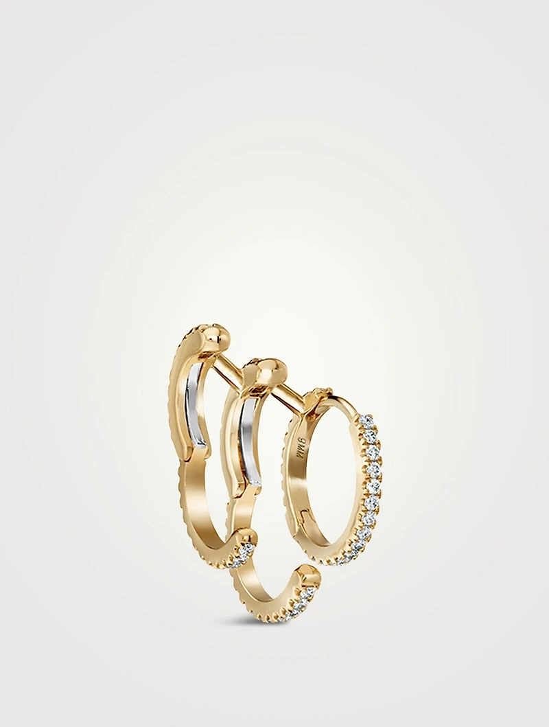 18K Gold Triple Linked Eternity Right Hoop And Cuff Earring With Diamonds