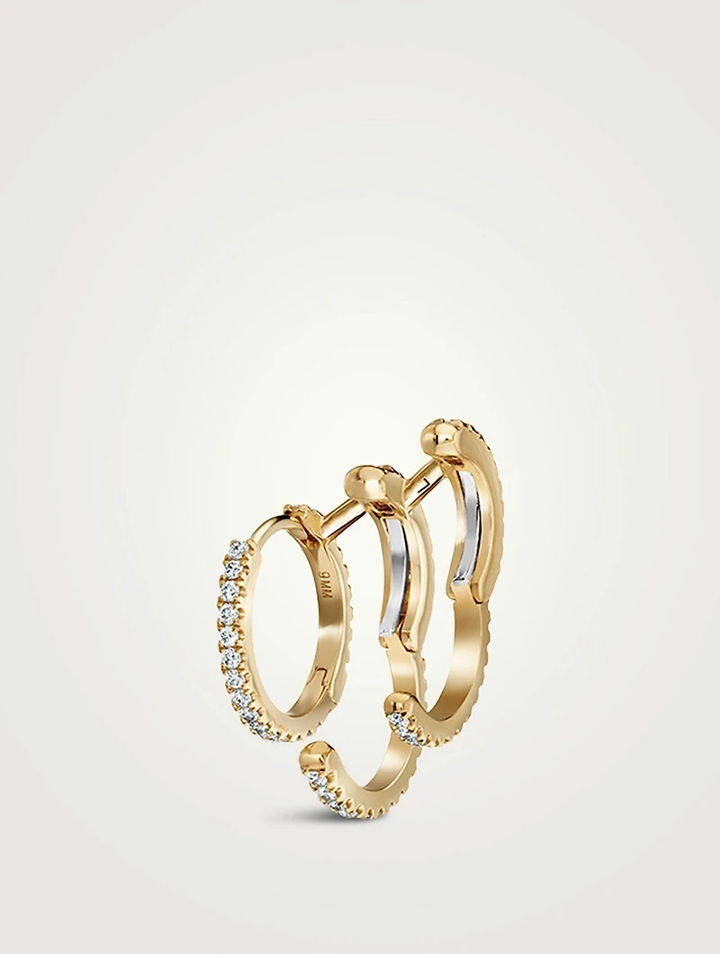18K Gold Triple Linked Eternity Left Hoop And Cuff Earring With Diamonds