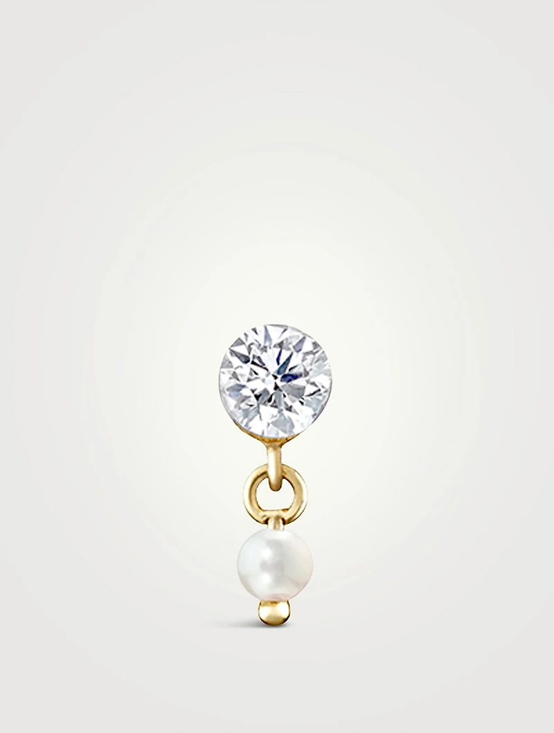 18K Gold Invisible Set Diamond And Pearl Dangle Threaded Stud Earring