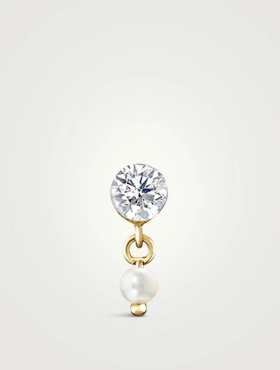 18K Gold Invisible Set Diamond And Pearl Dangle Threaded Stud Earring