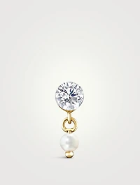 18K Gold Invisible Set Diamond And Pearl Dangle Threaded Stud Earring