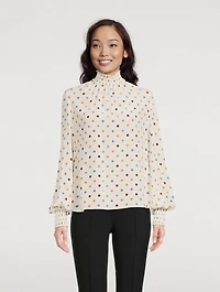 Smocked Silk Blouse Polka Dot Print