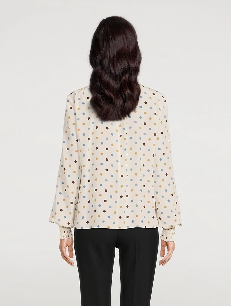Smocked Silk Blouse Polka Dot Print