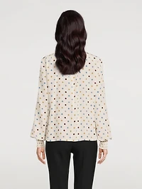 Smocked Silk Blouse Polka Dot Print