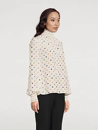 Smocked Silk Blouse Polka Dot Print