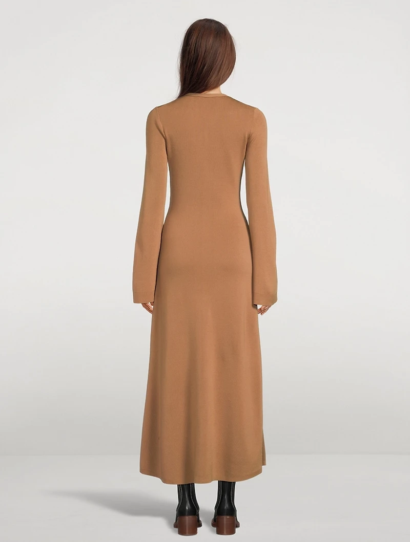 Buttoned Long-Sleeve Wool Dress