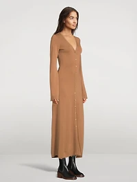 Buttoned Long-Sleeve Wool Dress