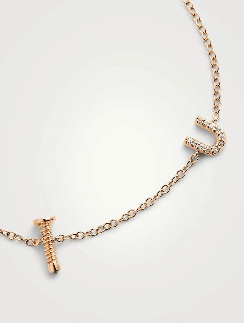 14K Gold Screw U Bracelet With Diamonds