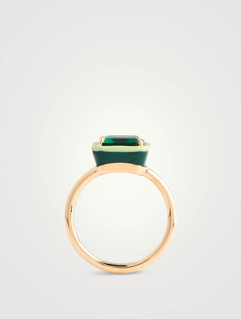 14K Gold Rectangular Cocktail Ring With Emerald