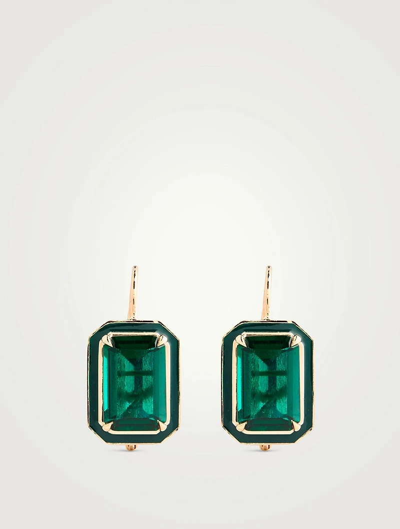 14K Gold Rectangular Cocktail Drop Earrings With Emerald