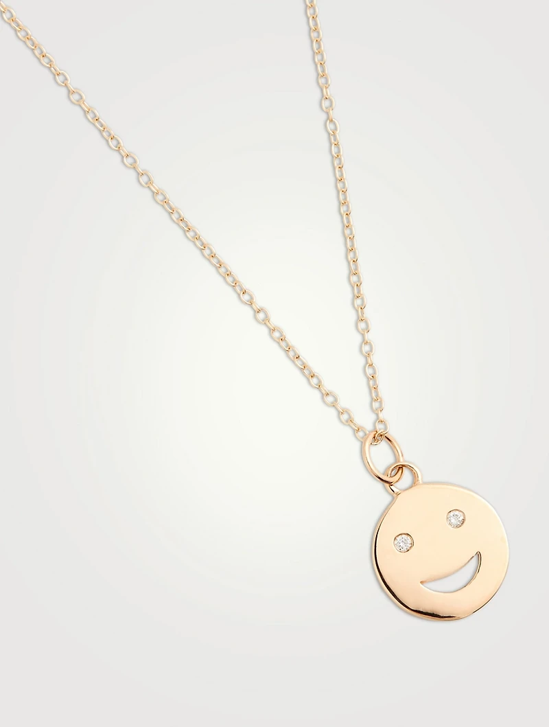 Medium 14K Gold Happy Face Necklace With Diamonds