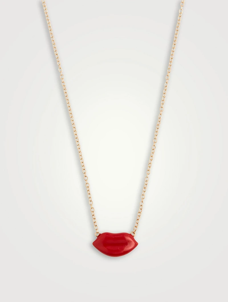 14K Gold Enamel Lip Necklace