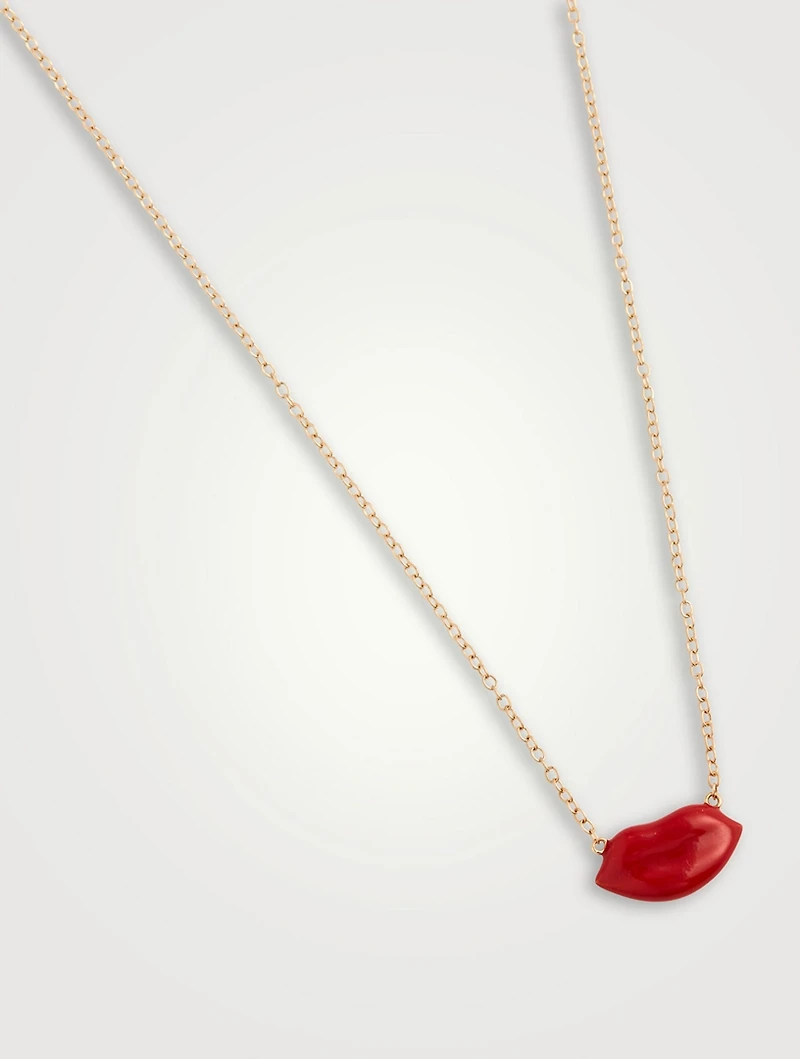 14K Gold Enamel Lip Necklace
