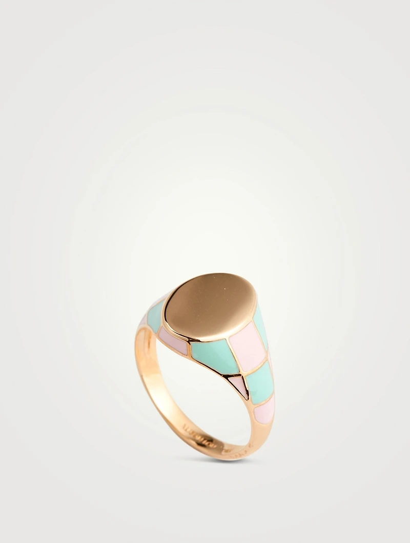14K Gold Checker Signet Ring