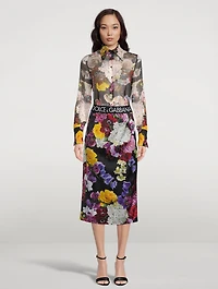 Logo-Band Satin Midi Skirt Mixed-Floral Print