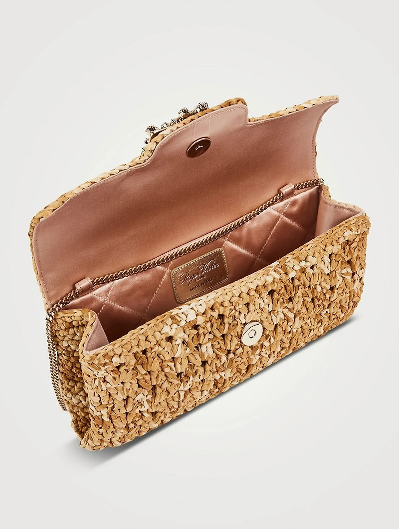 Broche Vivier Strass Buckle Raffia Clutch