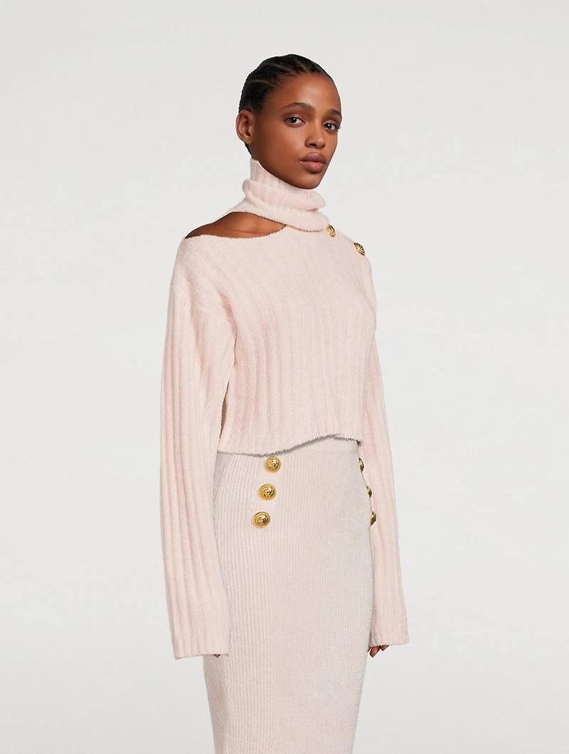Cut-Out Cropped Ribbed Turtleneck Sweater
