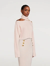 Cut-Out Cropped Ribbed Turtleneck Sweater