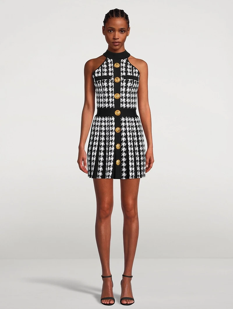 Houndstooth Pleated Mini Dress