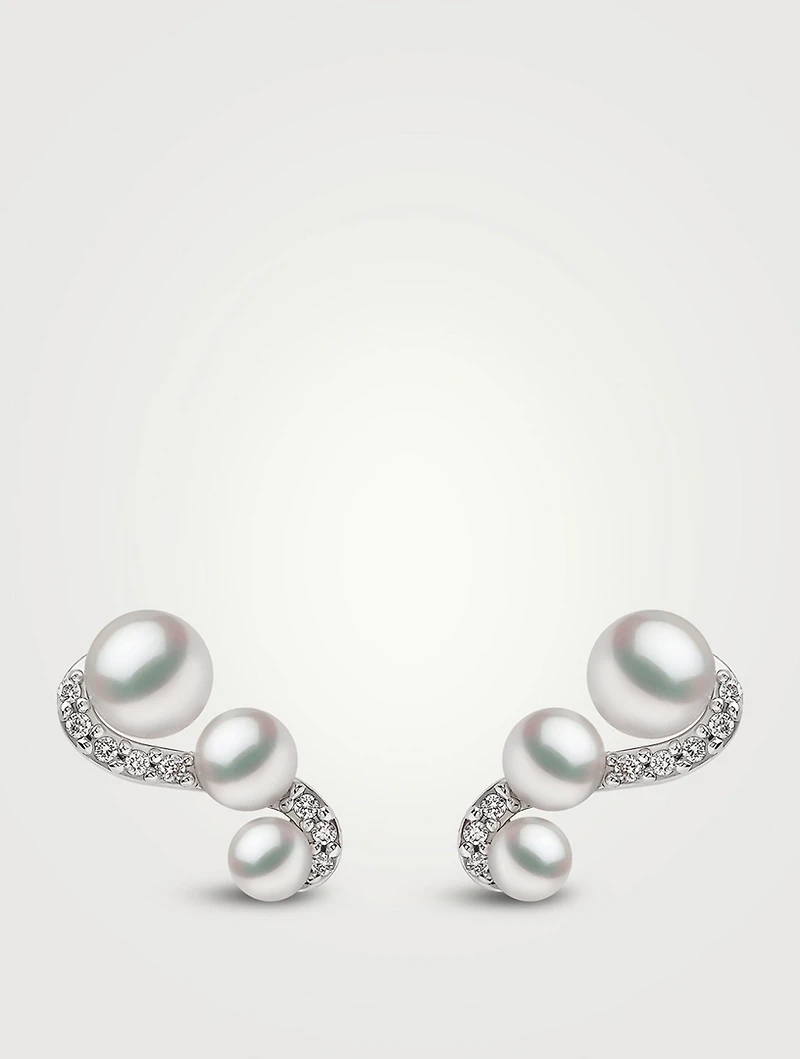 Sleek 18K White Gold Akoya Pearl Stud Earrings With Diamonds