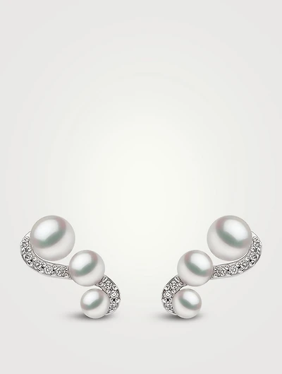 Sleek 18K White Gold Akoya Pearl Stud Earrings With Diamonds