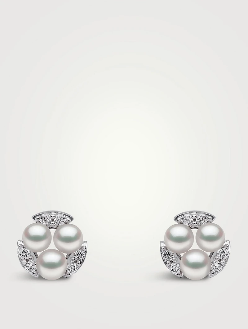 Sleek 18K White Gold Akoya Pearl Stud Earrings With Diamonds
