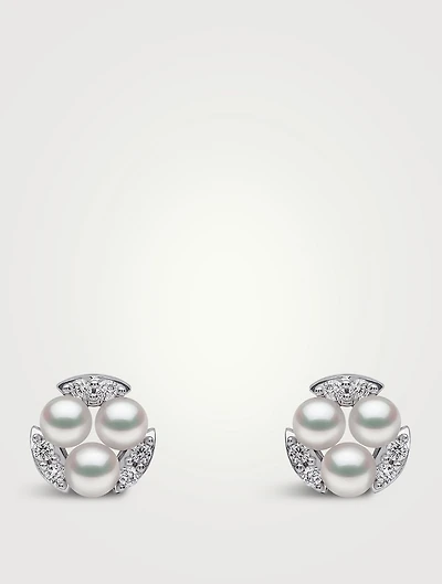 Sleek 18K White Gold Akoya Pearl Stud Earrings With Diamonds