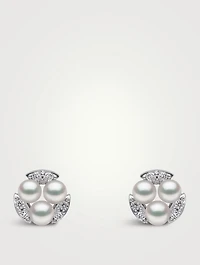 Sleek 18K White Gold Akoya Pearl Stud Earrings With Diamonds