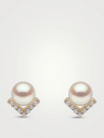 Trend 18K Gold Freshwater Pearl Stud Earrings With Diamonds