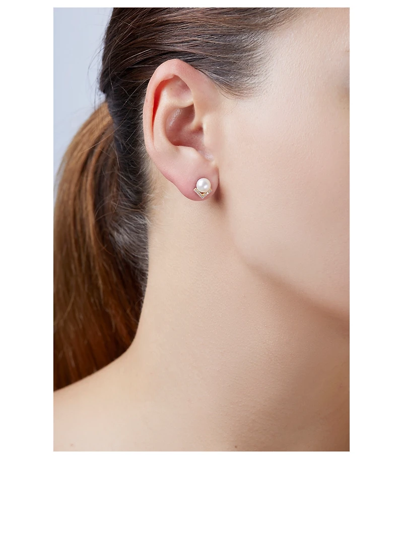 Trend 18K Gold Freshwater Pearl Stud Earrings With Diamonds
