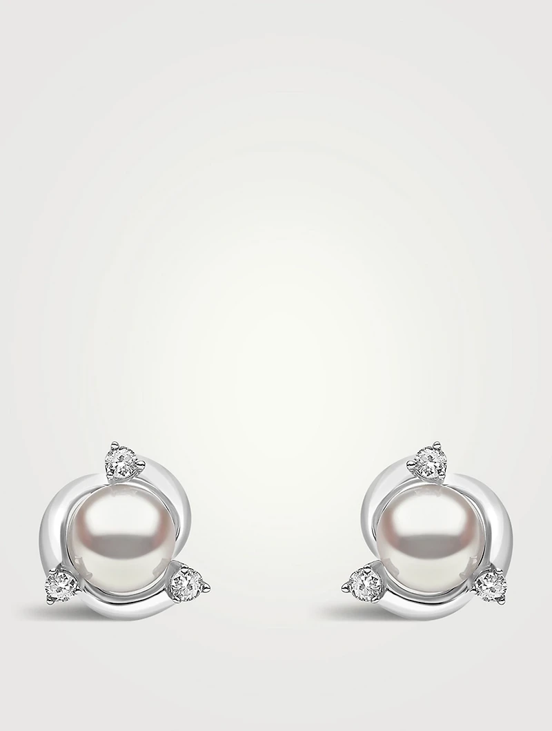 Trend 18K White Gold Freshwater Pearl Stud Earrings With Diamonds