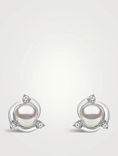 Trend 18K White Gold Freshwater Pearl Stud Earrings With Diamonds