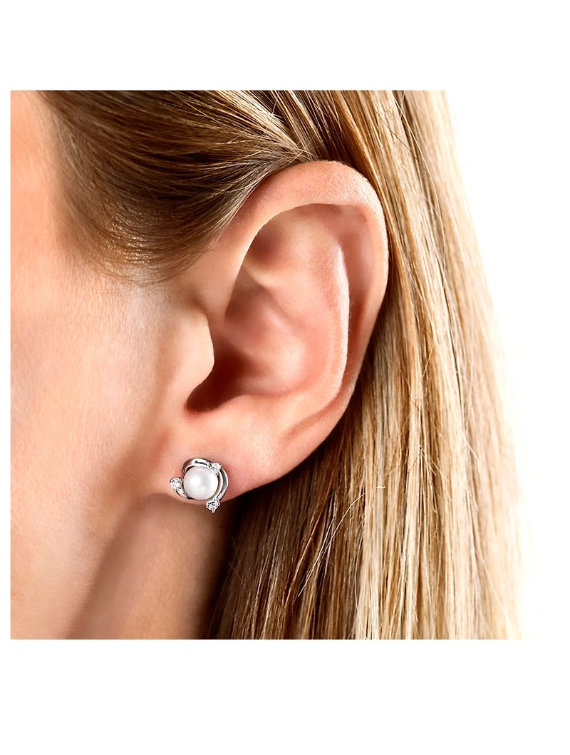 Trend 18K White Gold Freshwater Pearl Stud Earrings With Diamonds