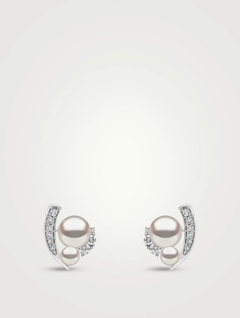 Trend 18K White Gold Freshwater Pearl Stud Earrings With Diamonds