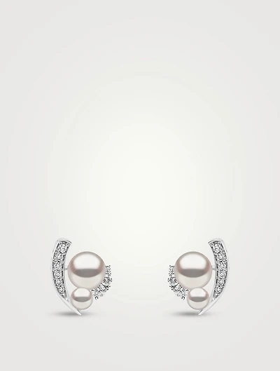 Trend 18K White Gold Freshwater Pearl Stud Earrings With Diamonds
