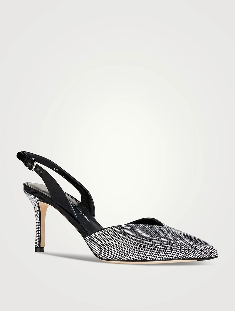 Crystal-Embellished Satin Slingback Pumps
