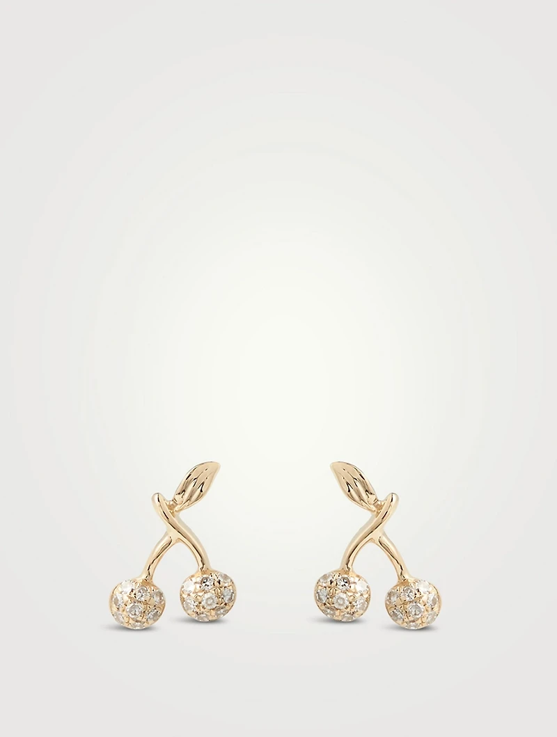 Mini 14K Gold Cherry Stud Earrings With Diamonds
