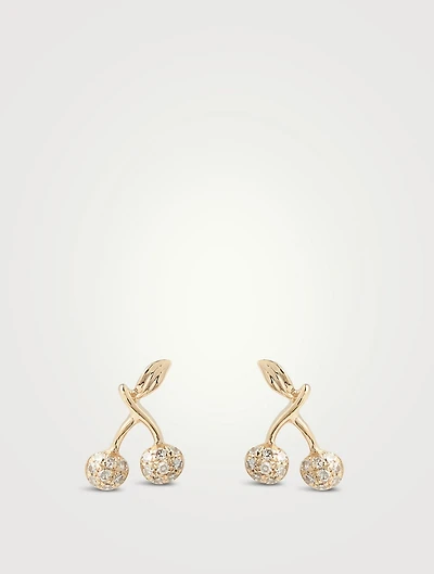 Mini 14K Gold Cherry Stud Earrings With Diamonds