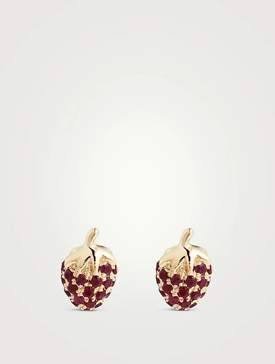 Mini 14K Gold Strawberry Stud Earrings With Rubies