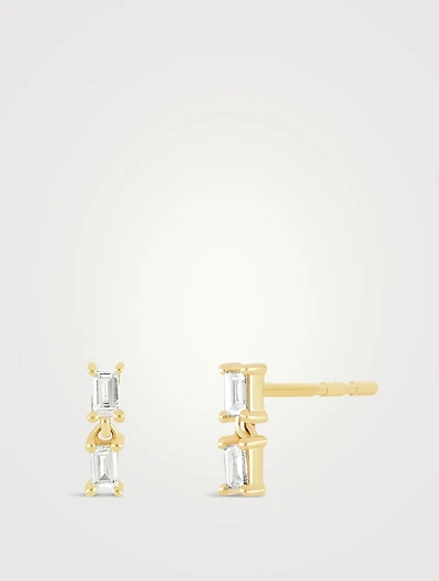 14K Gold Double Baguette Diamond Drop Stud Earrings