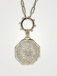 Aztec 14K Gold Mayan Deco Medallion Necklace With Clear Topaz